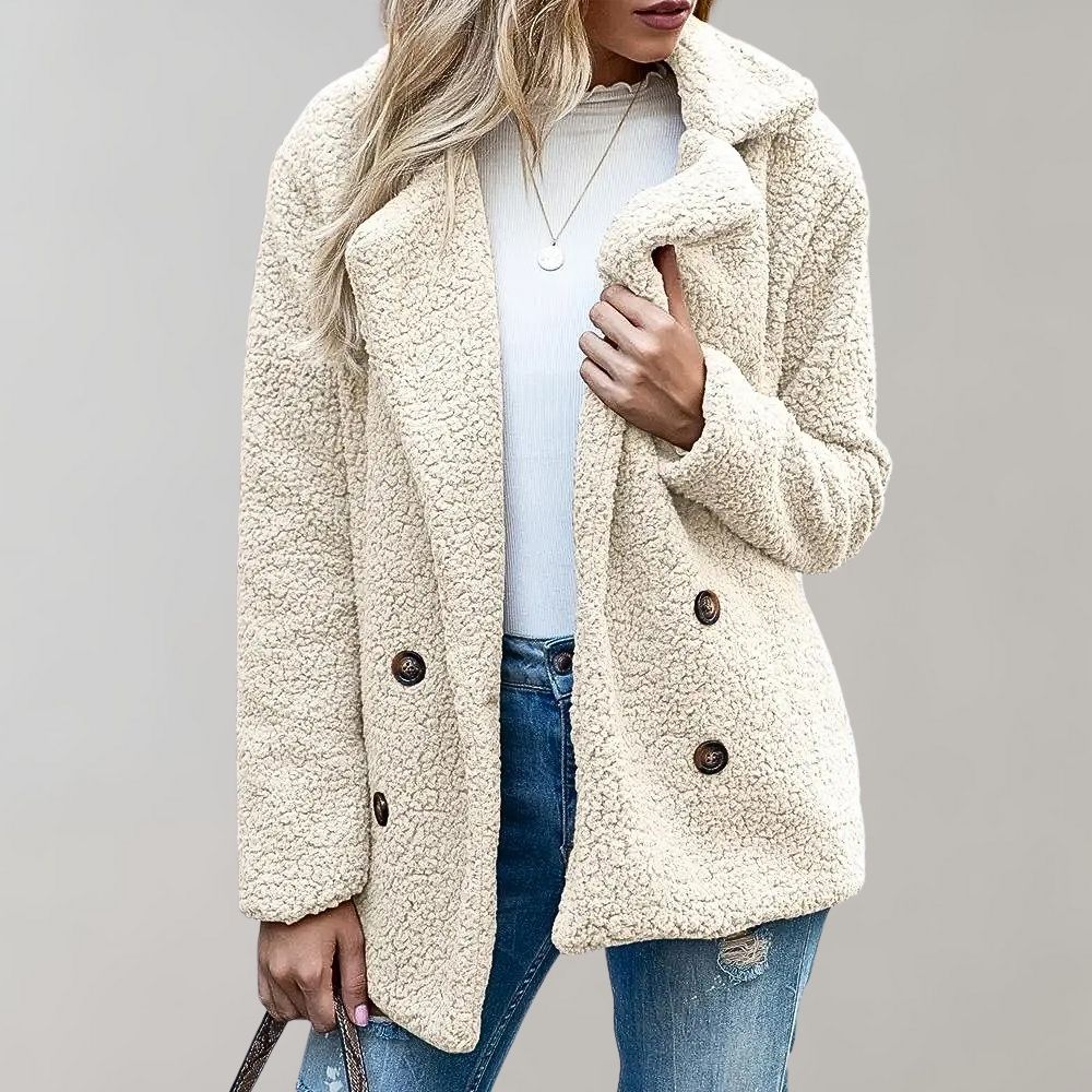 Oversize Teddyjakke med Revers | Blød Uldlook – Creme#farve_creme