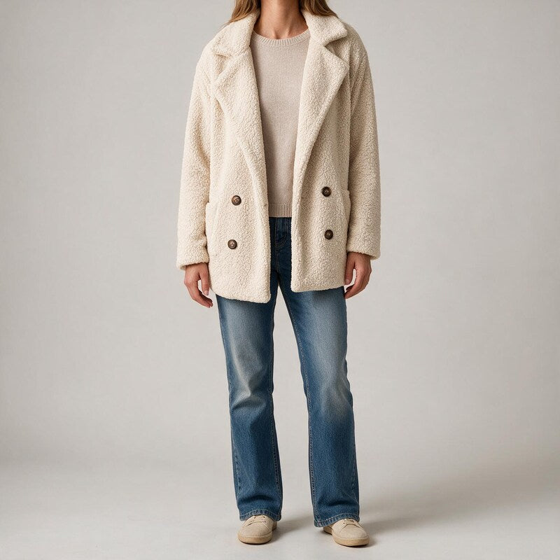 Oversize Teddyjakke med Revers | Blød Uldlook#farve_creme